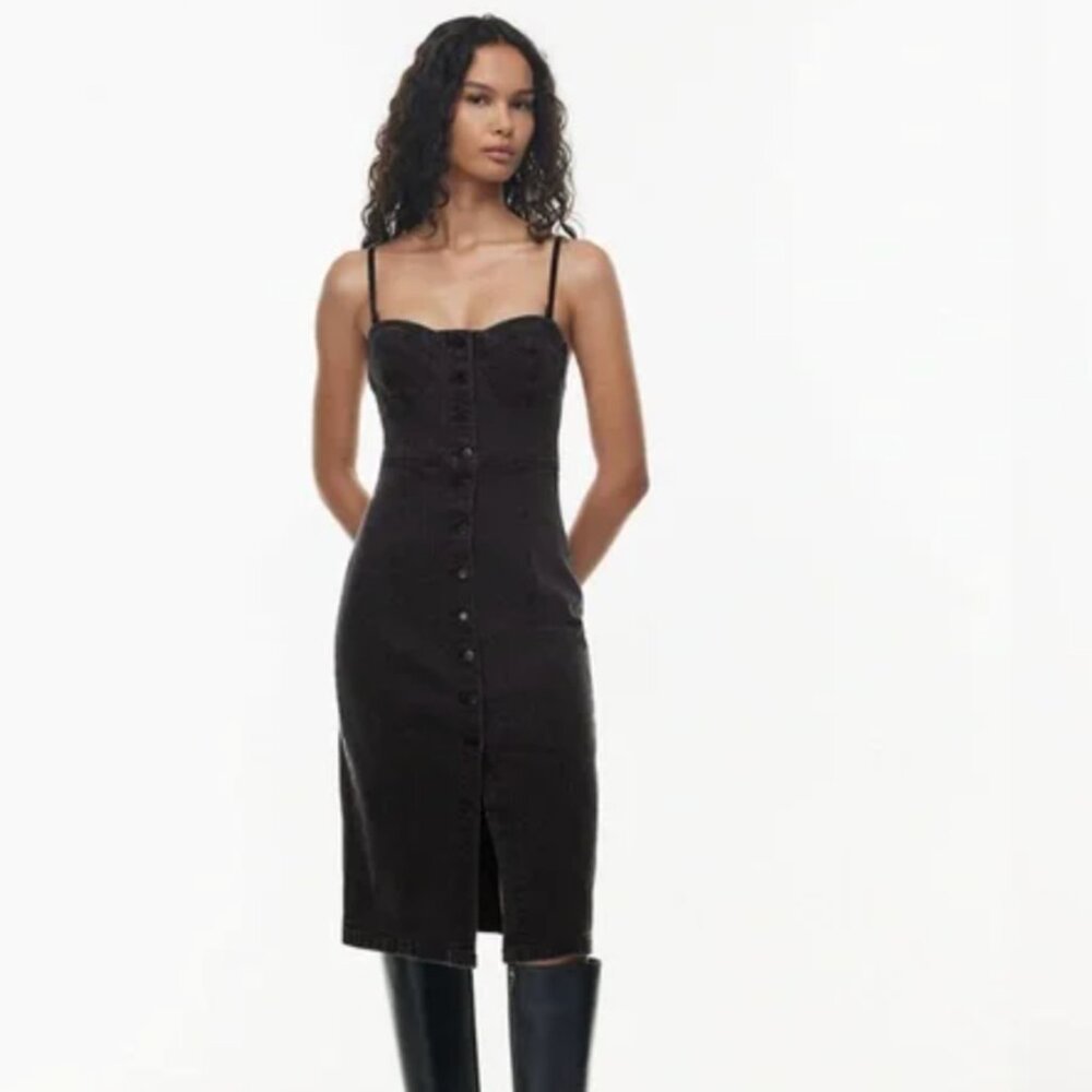 Aritzia Denim Forum Black Corset Button-Front Midi Dress Size M
